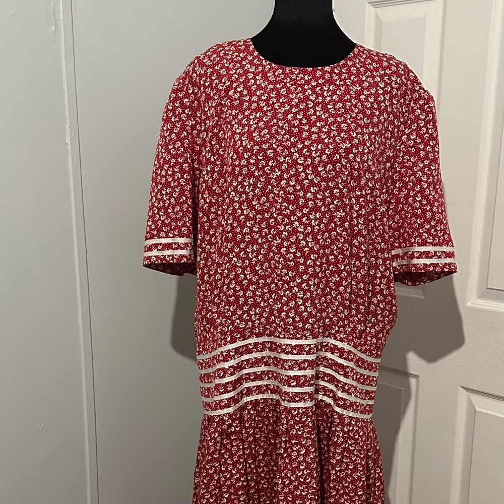 Kathie Lee Women’s Red Floral Short Sleeve Dress with White Trim‎